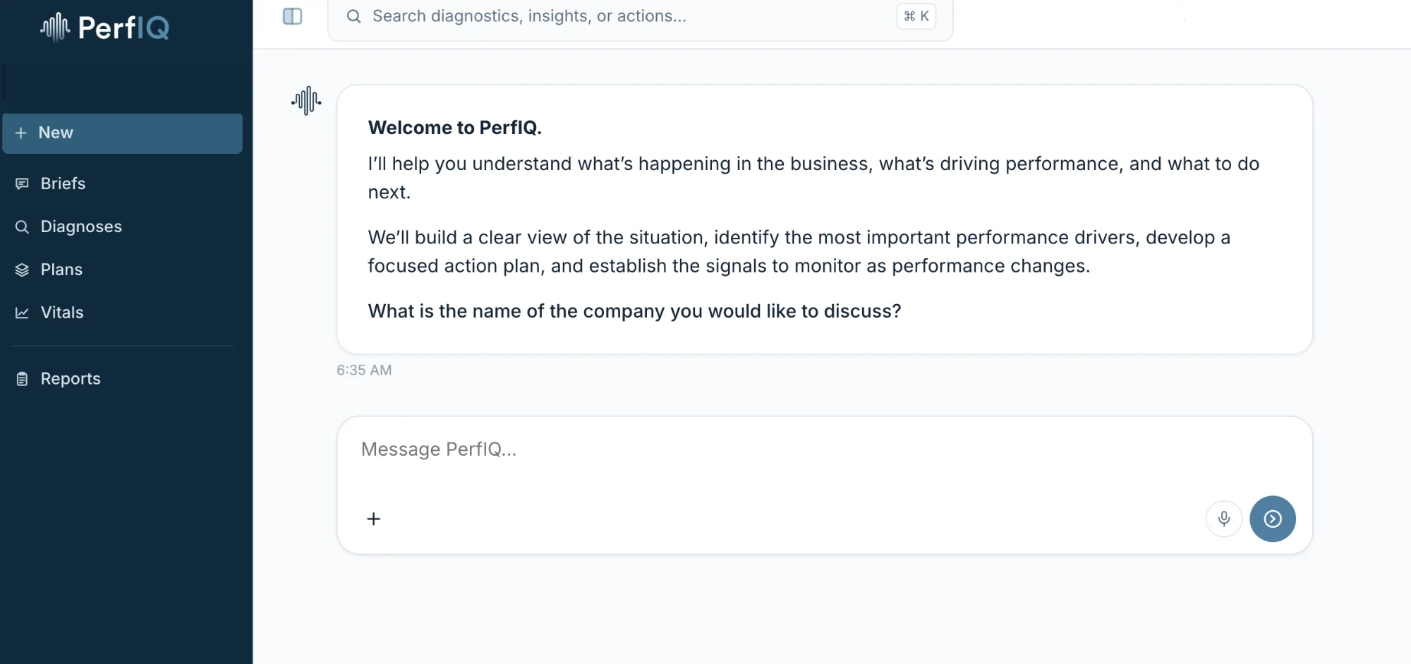 Ask PerfIQ: the welcome screen, ready to build a clear view of the business, identify performance drivers, and establish a focused action plan.